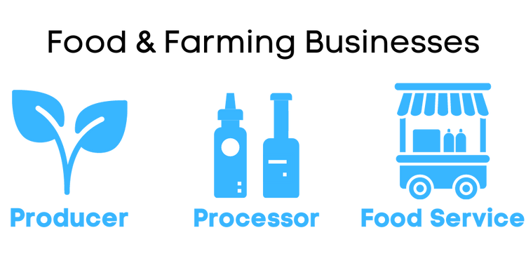 Food and farming businesses, including producers, processors, and food service businesses.