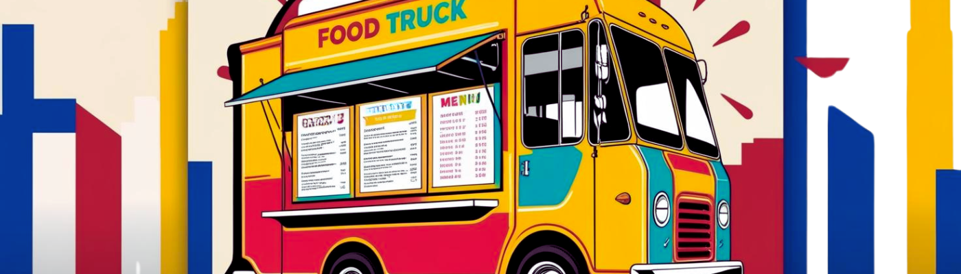 Image of a florescence yellow food truck at night with teal blue highlights around windows
