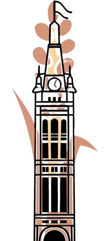 Stylized illustration of the Milwaukee landmark, City Hall, shaped like a stem of wheat.
