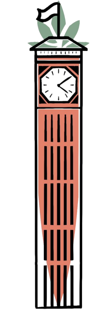 Stylized illustration of the Milwaukee landmark, the Allen-Bradley clock tower, elongated like a carrot.