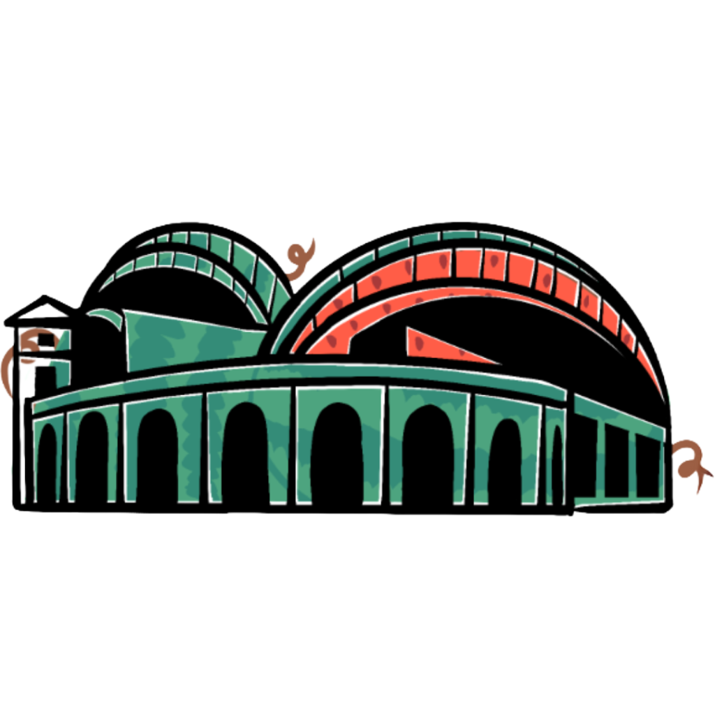 Stylized illustration of the Milwaukee landmark, American Family Field, resembling a sliced melon.