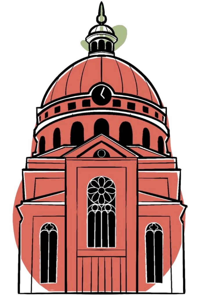 Stylized illustration of the Milwaukee landmark, the Basilica of Saint Josaphat, shaped like a tomato.